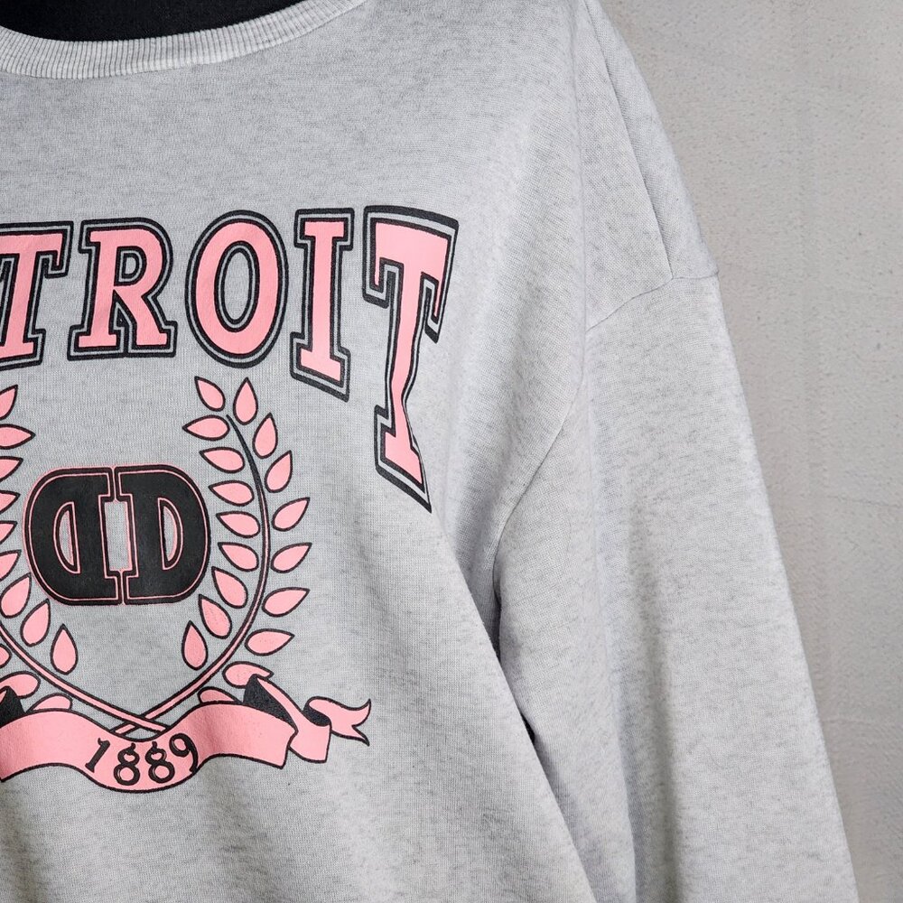 Shein Grey Crewneck with Pink Detroit Graphic Long Sleeve Poly Sweatshirt Sz S - Picture 7 of 16